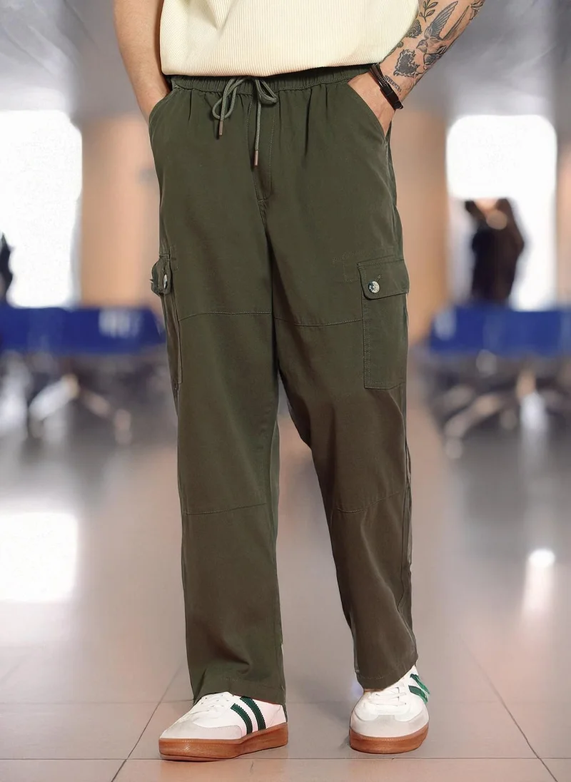 Urbano Fashion Men's Medium Olive Loose Baggy Fit Cargo Jogger Chino Pant with 6 Pockets Stretchable